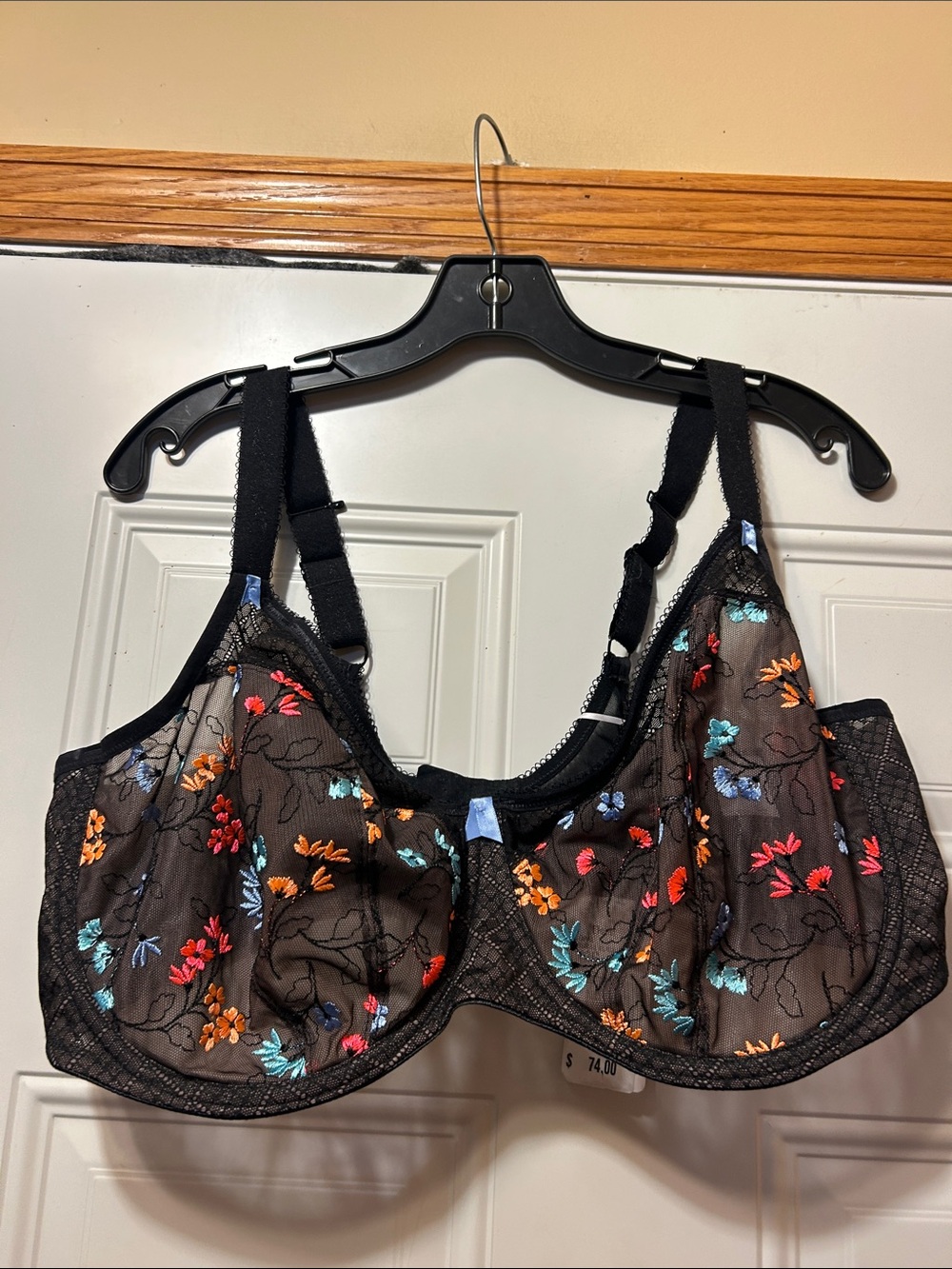 Elomi Black Sheer Embroidered Underwire Bra with Floral Accents 42I NWT